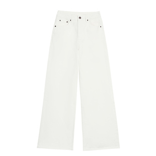 pusumede 经典百搭 白色斜纹阔腿牛仔裤女宽松休闲直筒拖地长裤子