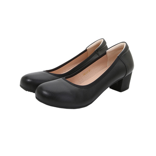 静音一体面试工作鞋女黑色粗跟圆头大码久站不累真皮女鞋软皮软底