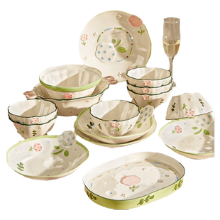 清新餐具碗碟套装家用新款可爱陶瓷碗筷盘子高颜值乔迁釉下彩碗具