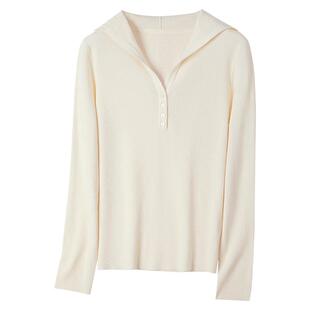 白色连帽针织衫女2026新款早秋女装显瘦V领上衣可机洗羊毛打底衫