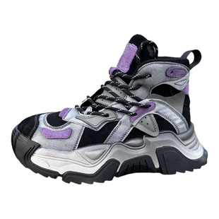 头层牛皮高帮老爹鞋女秋冬运动时尚休闲拼色个性系带厚底加绒短靴