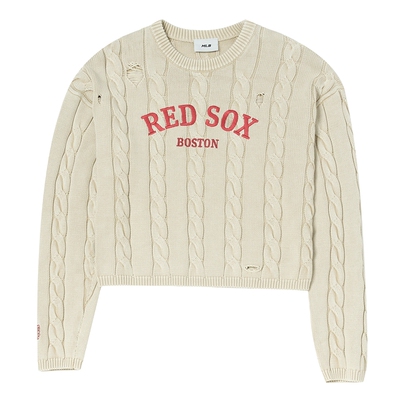 MLB官方 MLB女款复古绞花毛衣短款针织圆领套衫休闲卫衣3FKPV0354