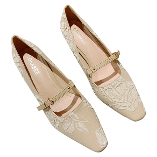 一字带浅口方头粗跟高跟单鞋女2026年新款时尚布面百搭通勤工作鞋