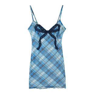 大于诗集 礼物甜心 蝴蝶结蕾丝刺绣格纹印花连衣裙女网眼吊带裙夏