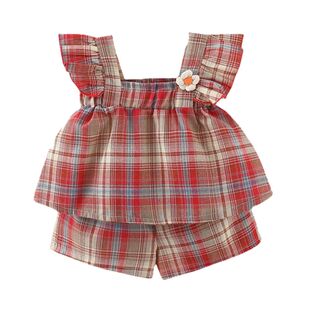 女童夏季薄款套装婴儿2026格子小飞袖洋气时髦吊带小公主两件套潮