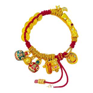 韦雪同款沙金点钻锤纹弯管黄财神五帝钱盘缠手链吞金兽小熊红绳女