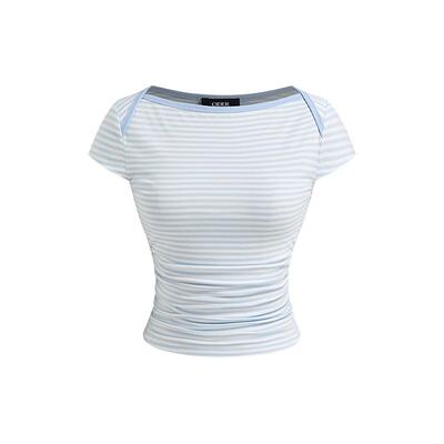 CIDER美式漂亮小上衣款棉船领抽褶条纹T恤女装114578165