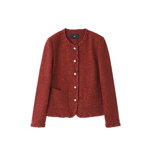 XWI欣未含羊毛亮片粗花呢小香风外套女2026春季新年战袍红色上衣