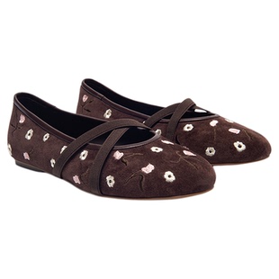 MD女鞋·黎花·手工刺绣交叉带玛丽珍绒面单鞋女一脚蹬时尚芭蕾鞋