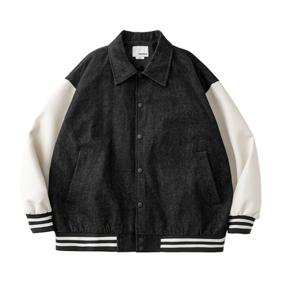 BPD水洗牛仔拼皮夹克外套