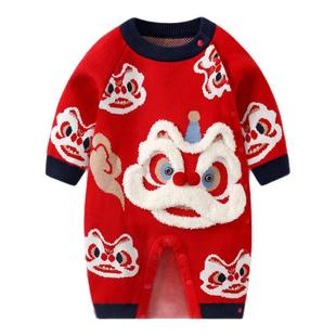 婴儿拜冬年服秋冬红色周岁礼服男宝宝加绒连体衣新年喜庆衣服冬装