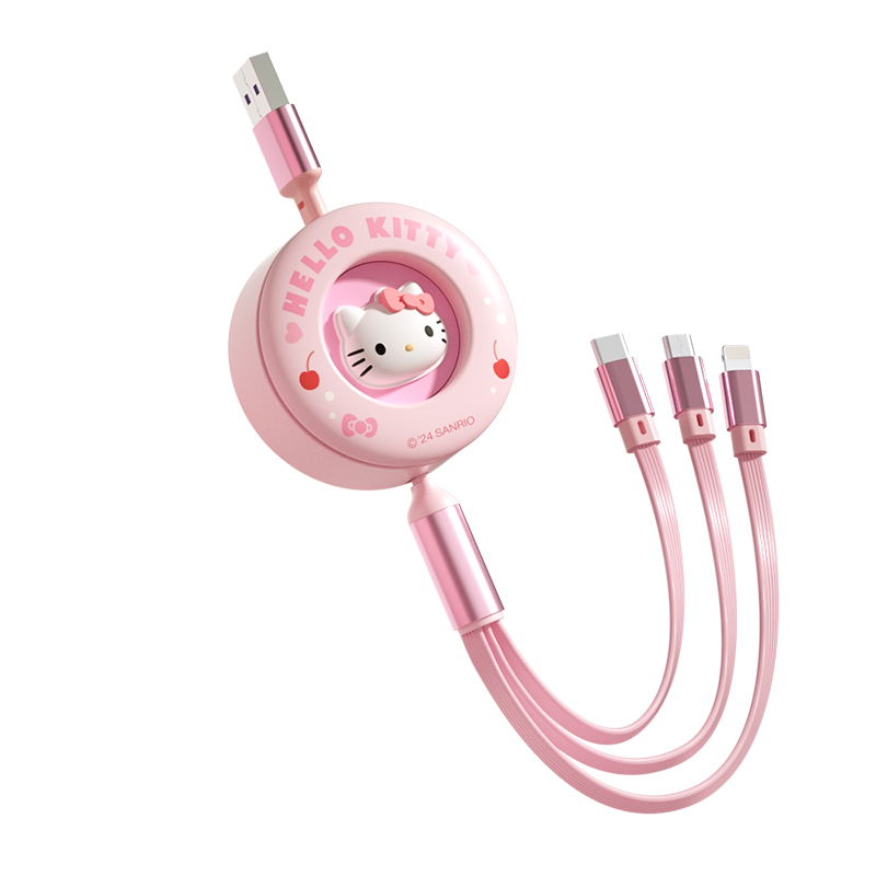 三丽鸥数据线三合一充电线伸缩66W超级快充车载三合一线冲电适用苹果iphone15pro华为mate安卓车载充电器线