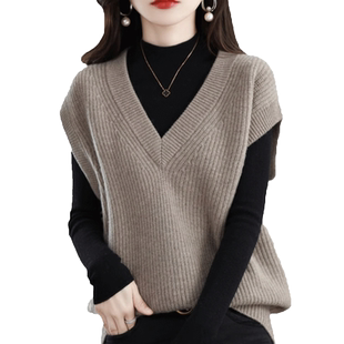大码马甲女秋冬外穿V领无袖毛衣针织背心坎肩宽松慵懒风上衣胖mm
