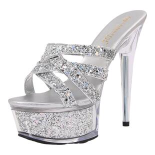 超高跟鞋细跟凉拖鞋女夏防水台亮片性感15cm车展模特走秀鞋水晶跟