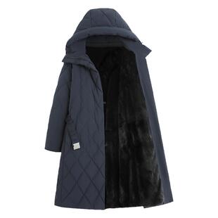 貂皮内胆派克服大衣鹅绒羽绒服女中长款新款菱形格整貂水貂毛外套