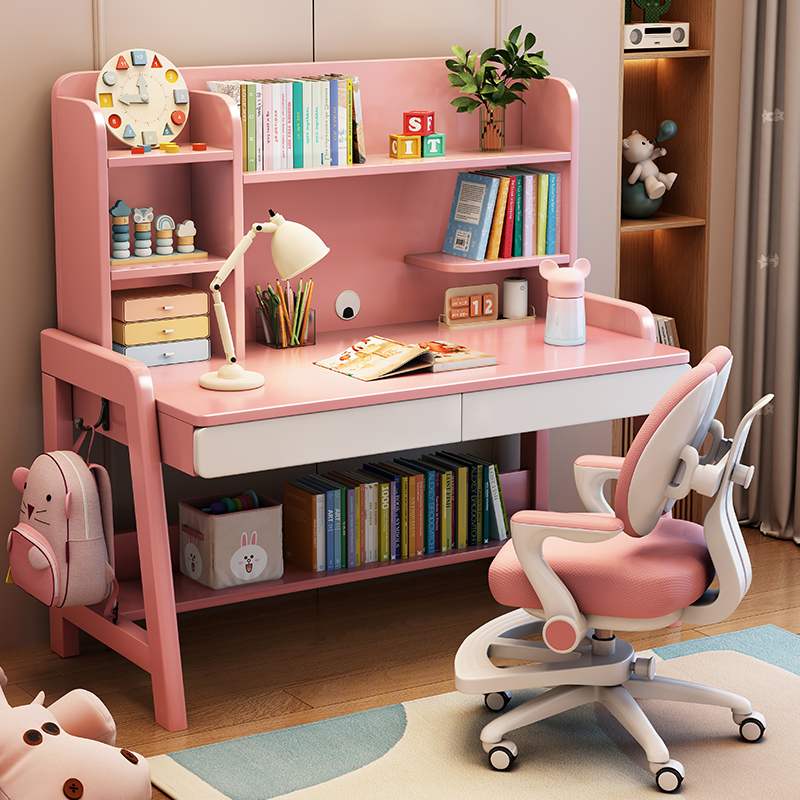 儿童学习桌小学生书桌书架一体可升降桌子实木写字桌家用桌椅套装