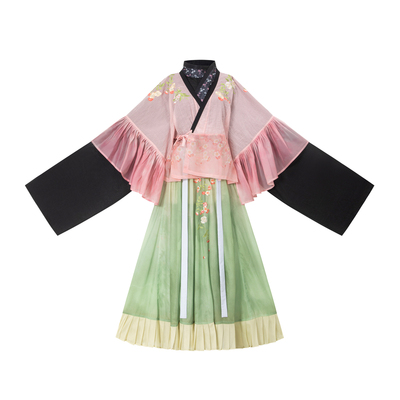 花朝记｜露粉香浓｜晋制汉服荷叶缘边半袖破裙天丝绣花粉绿公主风