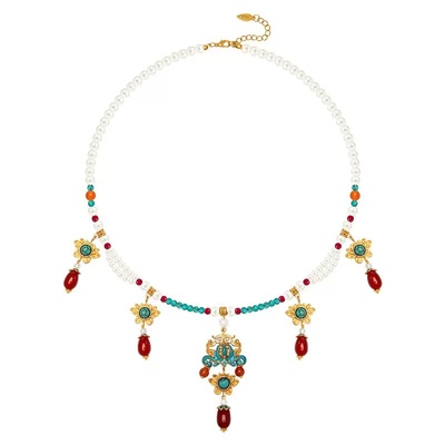 格格间【文潇】绿松石项链珍珠软璎珞新中式百搭唐风水滴多层汉服