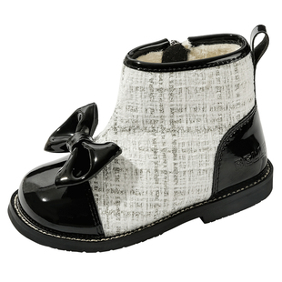 百丽童鞋女童时尚皮靴冬季儿童英伦风马丁靴软底加绒保暖时装短靴