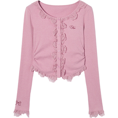 Eptison短款蕾丝边针织开衫