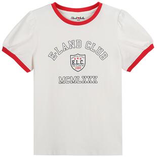 eland kids衣恋童装女童T恤夏季新品撞色圆领印花泡泡袖短袖上衣