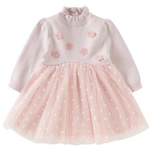 戴维贝拉儿童毛衣连衣裙2026秋冬女童宝宝花朵半高领加绒网纱裙子