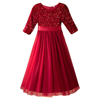 春秋冬儿童公主裙亮片演出服长裙