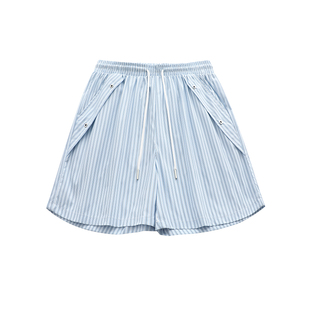 条纹休闲短裤女夏薄款松紧腰宽松显瘦百搭五分裤男