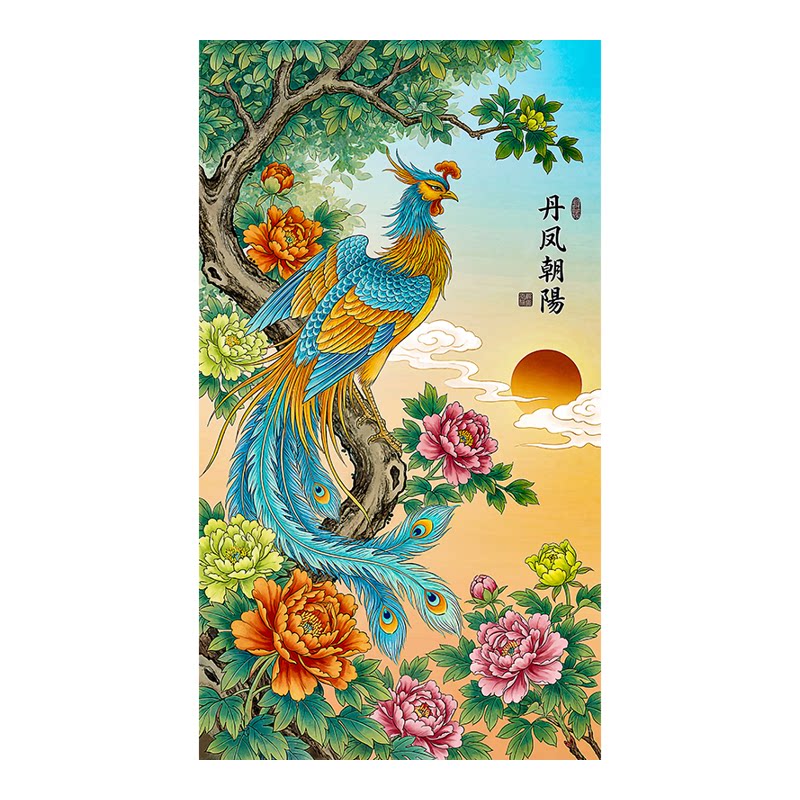 中式凤凰牡丹装饰画客厅无框丹凤朝阳玄关画背胶画自粘贴纸画