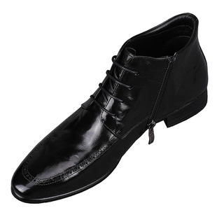 2026新款潮流瘦版男士小尖头高帮休闲皮鞋增高厚底真皮切尔西短靴