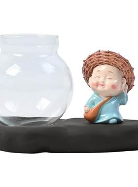 创意玻璃摆件小和尚花器家居装饰品茶桌绿萝花插花瓶陶瓷水培容器