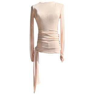 春也白 简约侧边系带天丝羊毛长袖T恤女2026春小众设计感抽褶上衣