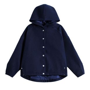 马登复古藏青色收腰休闲加厚防风连帽毛呢呢子外套开衫上衣女秋冬