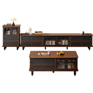 中古风电视柜茶几组合小户型客厅法式黑色实木胡桃色复古电视机柜