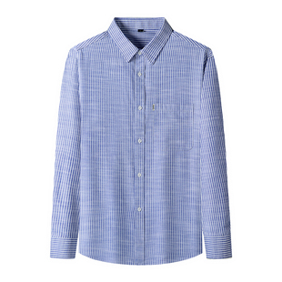 皮尔卡丹春秋薄款亚麻棉条纹长袖衬衫男时尚休闲透气免烫口袋衬衣