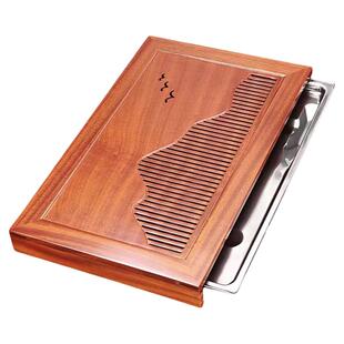 花梨木实木茶盘家用储水排水双用简约长方形茶盘抽屉式不锈钢托盘