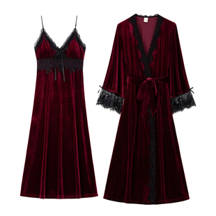 RoseTree新娘晨袍女款秋冬季法式性感睡裙睡袍套装丝绒睡衣带胸垫