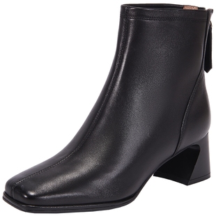 粉粉同款百田森高跟羊皮靴女款秋冬法式小短靴白色靴子女加绒短靴