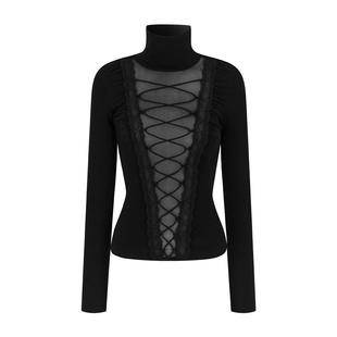 HiimDai 蒙太奇 辣妹纯欲蕾丝拼接设计感网纱绑带修身针织打底T恤