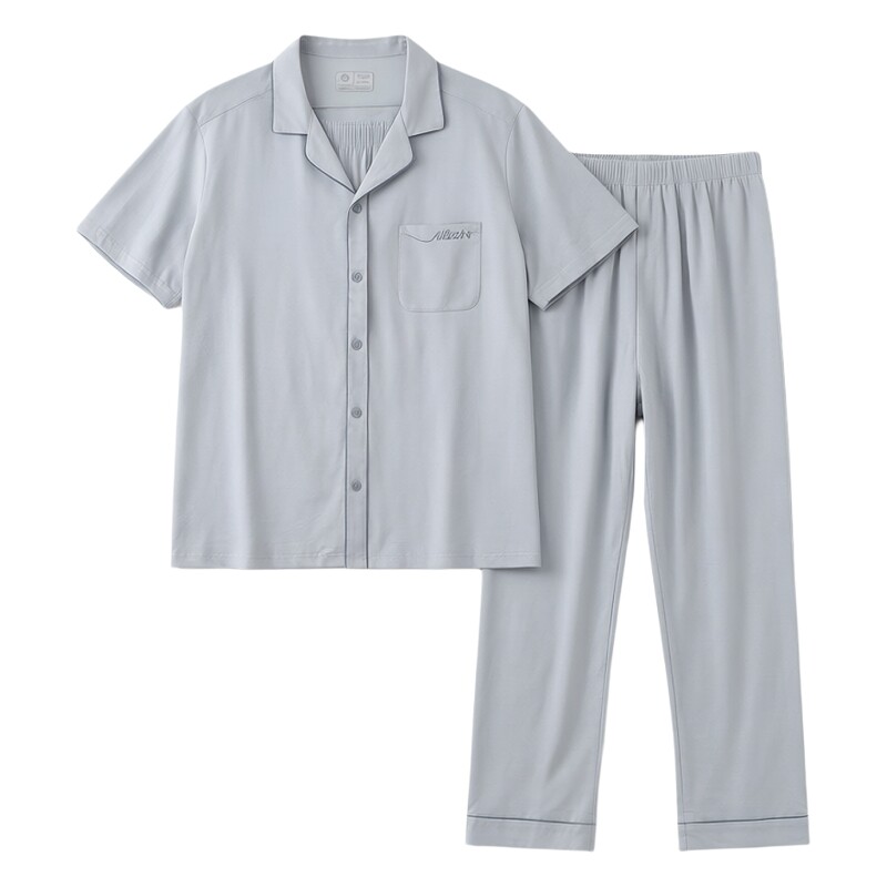 棉质缎面短袖长裤男式套装家居服