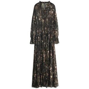 预售COCOBELLA金丝压褶花卉印花长袖连衣裙度假风雪纺长裙FR3075