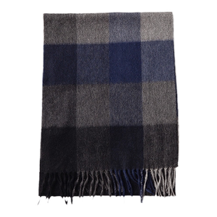 圣雪绒秋冬新款100%山羊绒苏格兰灰蓝格纹流苏围巾