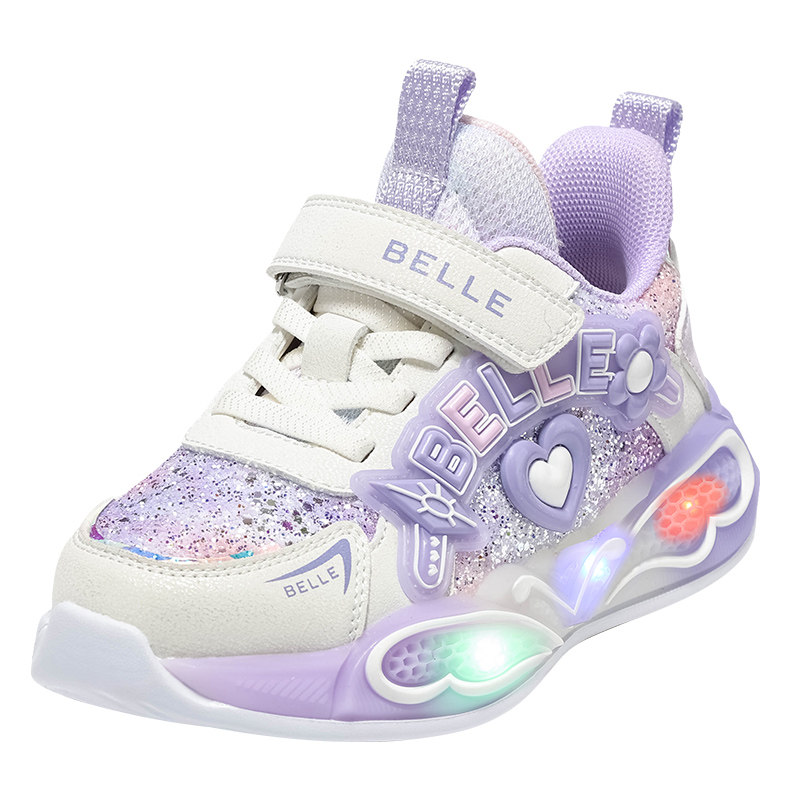 百丽童鞋26春季新品女童运动鞋爱心花朵闪灯鞋百搭校园儿童休闲鞋