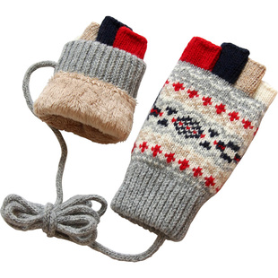 秋冬季儿童男女孩半指露指加绒加厚保暖防寒学生写字羊绒羊毛手套