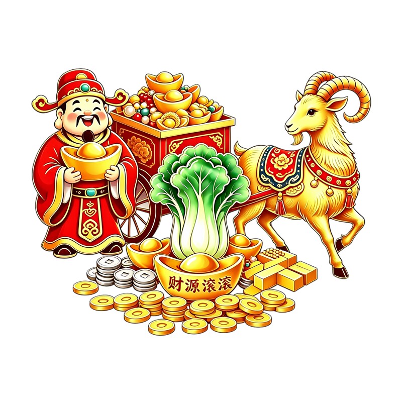 财神金羊白菜墙贴元宝铜钱财源滚滚年画风格新春吉祥招财装饰贴纸