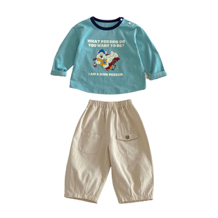 婴儿套装春装韩系超萌男宝宝衣服春季婴幼儿T恤裤子分体外出穿搭