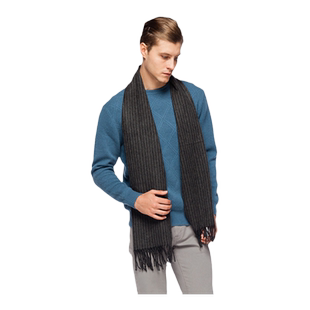 圣雪绒秋冬新款100%山羊绒黑灰竖条纹流苏围巾