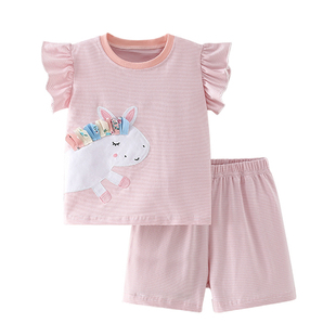 女童粉红色条纹短袖T恤两件套儿童纯棉夏季套装宝宝半袖短裤子2件