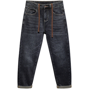 布冷布热 冬季宽松直筒松紧腰系带薄绒牛仔裤男抓绒磨毛保暖长裤