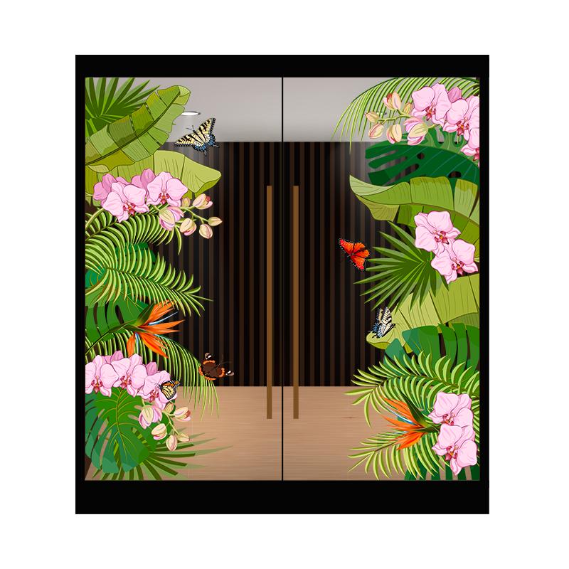 热带丛林玻璃门贴纸绿植花草服装店餐厅橱窗夏天氛围装饰静电uv贴